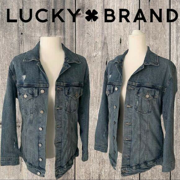 Lucky Brand Women's Jean Denim Truck Jacket Size XS Ripped Pockets Long Sleeve - Picture 2 of 12
